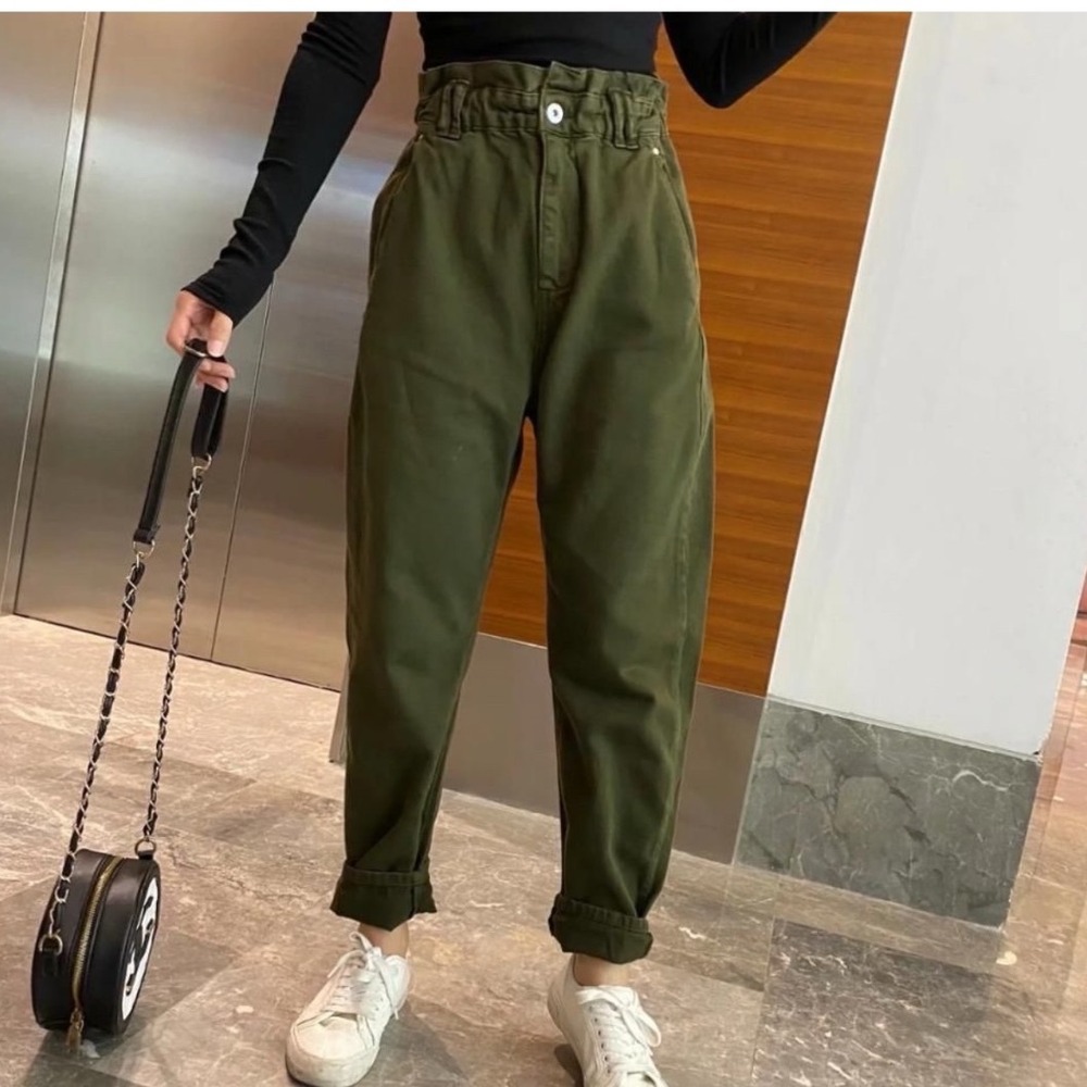 Zara Women Olive Green Paperbag Waist Tapered Utility Pants Size US 4